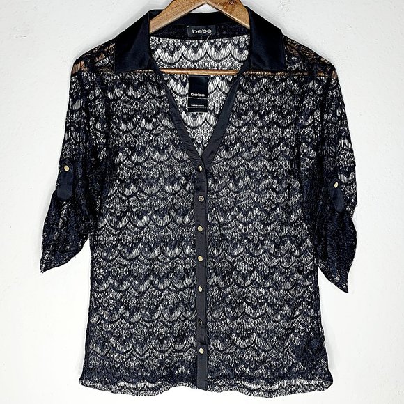 Bebe Doris 3/4 Sleeve Stretch Lace Shirt in Black - Picture 3 of 8